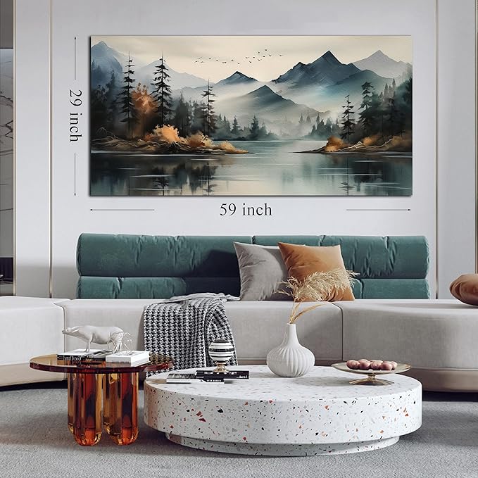 Rustic Wall Art for Living Room Large Size Teal Mountain Tree Landscape Canvas Wall Art for Bedroom Office Decor 29 x 59 Inch-Ruum Studio Home