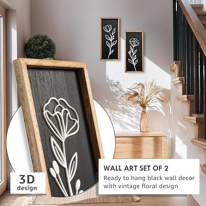 3D Vintage Black Living Room Decor (Set of 2) Lightweight, Wooden Ready-to-Hang Framed Moody Floral Wall Art for Bathroom, Bedroom or Office - Dark Textured Boho Farmhouse Wall Decor - Gift-Boxed-Ruum Studio Home