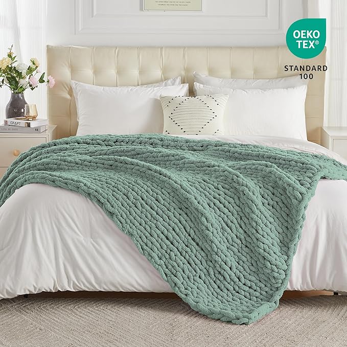 Carriediosa Chunky Knit Throw Blanket 60" X 80" Twin, 100% Hand Made Large Chenille Loop Yarn Soft Fluffy Throws for Couch Sofa Bed, Big Crochet Cozy Heavy Thick Cable Woven Blankets, Sage Green-Ruum Studio Home