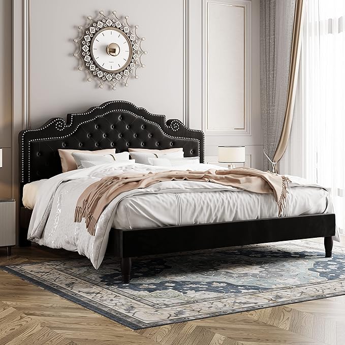 Allewie King Bed Frame with Adjustable Velvet Tiara Headboard, Upholstered Diamond Button Tufted Platform Bed, Wood Slats Support, No Box Spring Needed, Mattress Foundation, Easy Assembly, Black-Ruum Studio Home