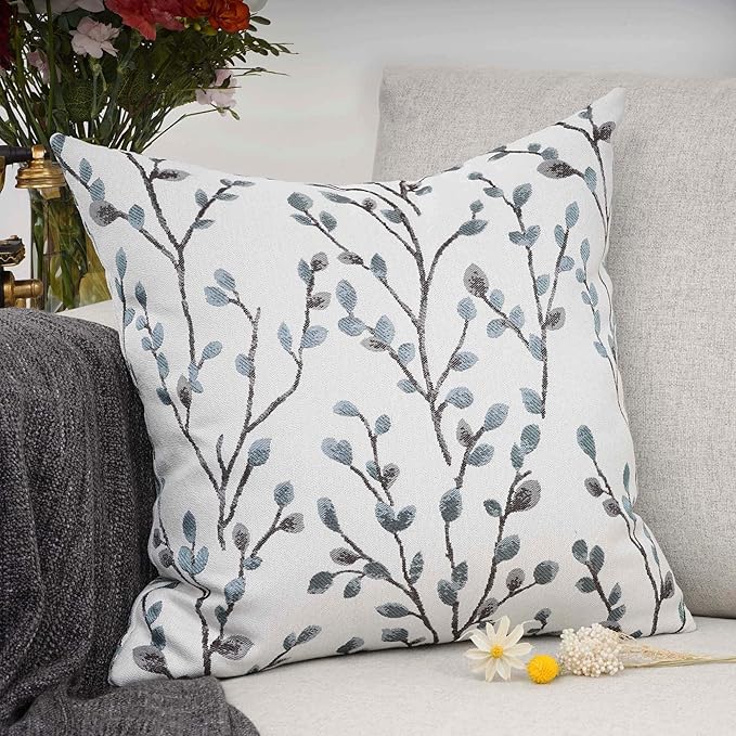 YOUR SMILE Classical Embroidery Jacquard Teal Leaf Pattern Square Decorative Throw Pillow Case Cushion Cover 18x18 inch-Ruum Studio Home