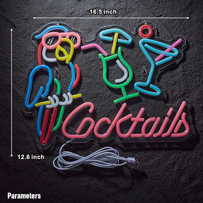 Parrot Cocktail Neon Sign for Wall Decor Bar LED Light Beer Wine Alcohol Man Cave Garage USB Powered Dimmable Art Signs-Ruum Studio Home