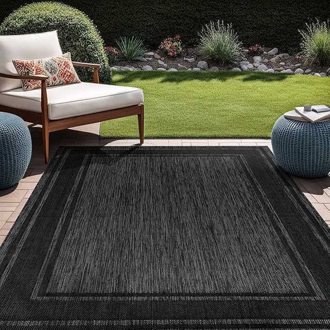 Beverly Rug Large Outdoor Rug 9x12 Modern Bordered Area Rugs for Indoor and Outdoor Patio Deck Porch Garden Waterproof Weather Sun Resistant Washable Outside Carpet (9 x 12 Black)-Ruum Studio Home