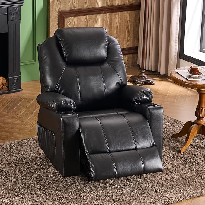 SALOHZA Power Lift Recliner Chair for Elderly with Massage and Heat for Living Room, Electric Recliner Chair for Adults with USB/Type C Port/Cup Holders, PU Faux Leather, Black-Ruum Studio Home