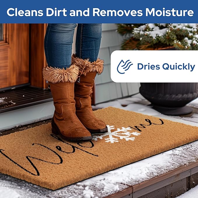 Barnyard Designs Natural Coco Coir Christmas Doormat - Large Cute Non-Slip Heavy Duty Backing Door Mat for Outside Entrance or Porch Entry, Brown (17x30, Winter Snowflake)-Ruum Studio Home