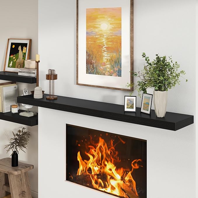 Black Floating Shelves for Wall - 72 Inch Wide x 12 Inch Deep Wall Shelves Set of 1 - Rustic Black Wood Shelves for Living Room, Bathroom, Laundry Room, Bedroom, Kitchen, Home Office-Ruum Studio Home