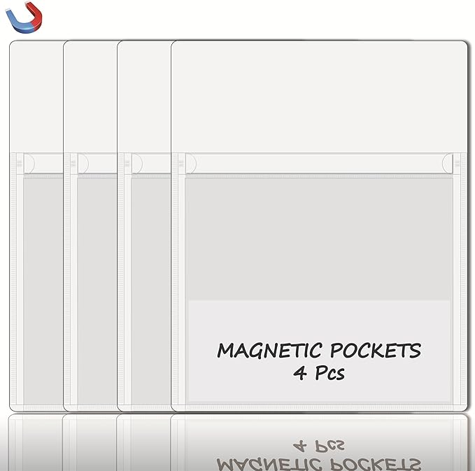 Magnetic Pocket 4 Pack – Self-Adhesive Magnetic Storage Pouch for Documents, Notes & Tools, Strong Magnet Backing for Fridge, Whiteboards, and Metal Surfaces (White 4Pcs)-Ruum Studio Home