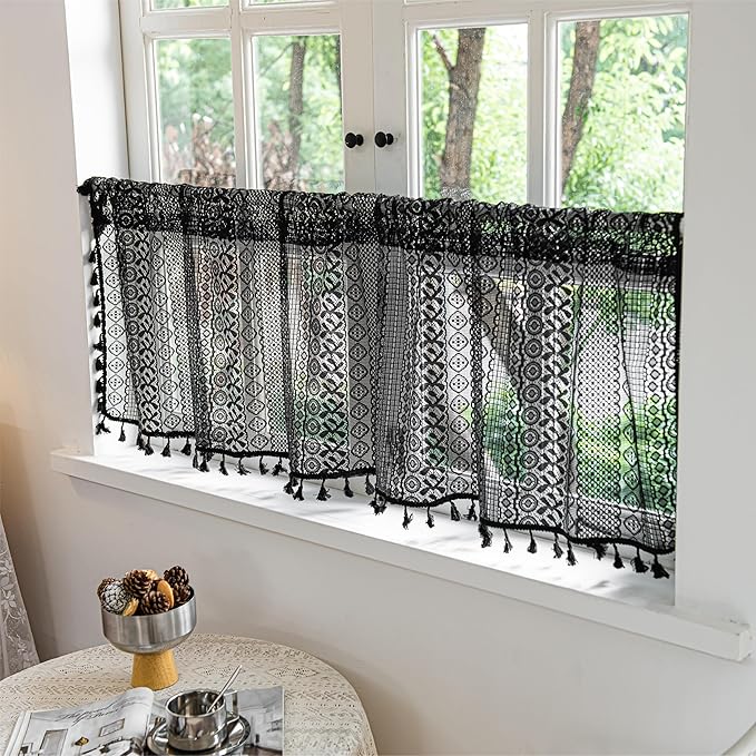 Sutuo Home Black Boho Valance Curtains Crochet Lace Sheer Bohemian Hollow Knitted with Tassels, Privacy Vintage Mid Century Farmhouse Tier for Kitchen, Rod Pocket 1 Panel,59" W x 36" L-Ruum Studio Home