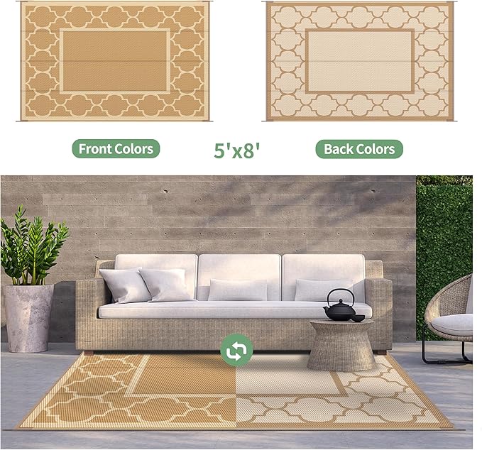 GENIMO 5' x 8' Outdoor Rug Waterproof for Patio Decor, Foldable Reversible Plastic Straw Area Rugs Mat for Camper, Outside Carpet for Rv, Deck, Porch, Picnic, Beach, Balcony, Brown & Beige-Ruum Studio Home