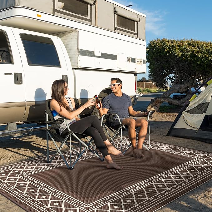 GENIMO Outdoor Rug Waterproof for Patio, 9'x12' Foldable Reversible Plastic Straw Carpet for Travel Trailers, Outside Area Mat for Rv, Deck, Picnic, Porch, Camper, Balcony, Beach, Coffee & Beige-Ruum Studio Home