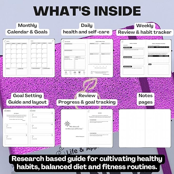 Life & Apples Wellness Journal Planner – Food Log, Fitness Tracker, Habit Tracker, Weight Loss Journal for Diet Tracking and Health Goals, Undated, Size A5 Purple-Ruum Studio Home
