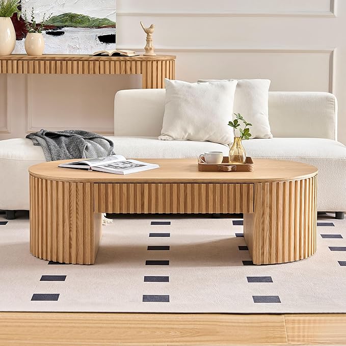 51.18'' Oval Coffee Table for Living Room Fluted Center Table with Drawer, Mid Century Modern Coffee Tables, Easy Assembly for Office Storage Tea Table Oak-Ruum Studio Home
