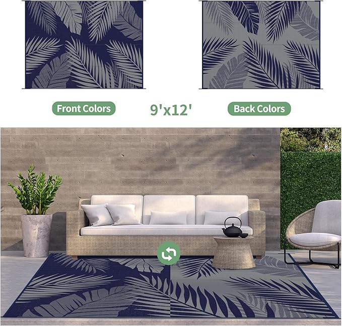 GENIMO Outdoor Rug 9' x 12' Waterproof for Patios Clearance, Reversible Outdoor Plastic Straw Camping Rug Carpet, Large Area Rugs Mats for RV, Camper, Deck, Balcony, Porch, Beach, Navy Blue&Grey-Ruum Studio Home