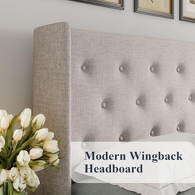 Allewie Full Size Lift Up Storage Bed, Button Tufted Headboard with Wingback, Hydraulic Support, No Box Spring Needed, Light Beige-Ruum Studio Home