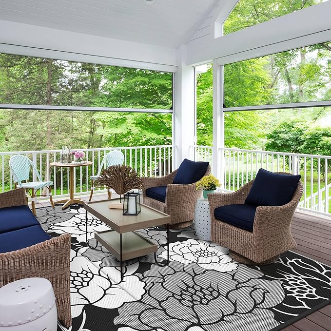 GENIMO Outdoor Rug Waterproof for Patio Decor, 9' x 12' Reversible Plastic Straw Floral Camping Carpet, Large Area Rugs Mats for RV, Camper, Deck, Balcony, Porch, Beach, Picnic, Mix-Black & White-Ruum Studio Home