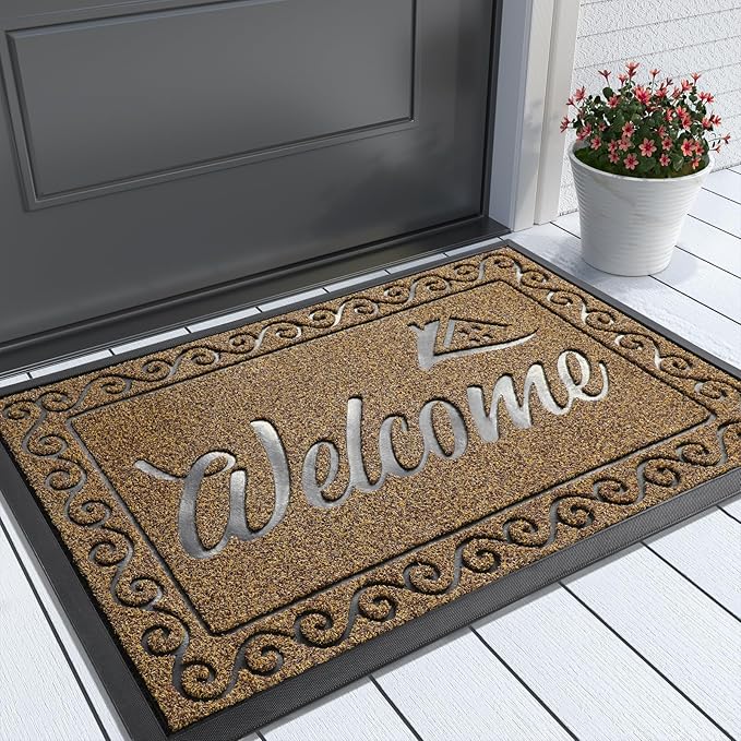 Yimobra Welcome Front Door Mat, Heavy Duty Easy Clean Doormat Indoor Outdoor, Waterproof Quick Dry Floor Mat for Home, Garage, Hign Traffic Areas, Non Slip, Low Profile, 36 x 24 Inches, Beige Brown-Ruum Studio Home