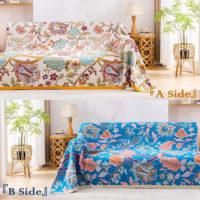 Boho Throw Blanket for Bed, 100% Cotton Soft Rustic Quilt Fall Blanket, 60"x80" Floral Printed Farmhouse Decor Bed Blankets, All Season Rustic Reversible Bohemian Throw Quilt-Ruum Studio Home