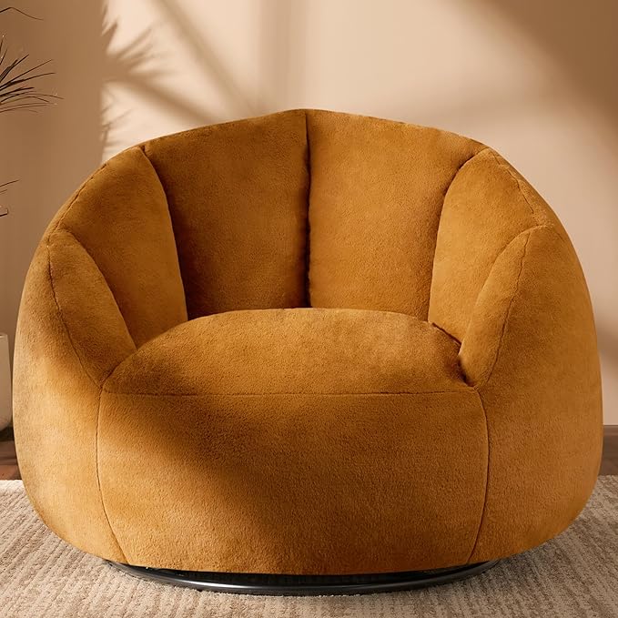 Giant Bean Bag Swivel Chair for Adults - Comfy Plush Round Shell Soft Accent Chair, Oversized Cozy Floor Sofa for Living Room, Bedroom & Game Rooms, Orange-Ruum Studio Home