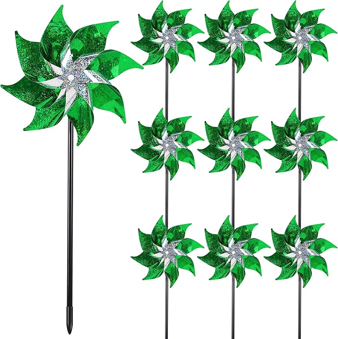 Hausse 10 Pack Reflective Pinwheels Holiday Decor, Extra Sparkly Wind Sculptures for St. Patrick's Day Decorations Party Supplies, Deterrent to Scare Birds Away from Garden Yard Patio Farm, Green-Ruum Studio Home