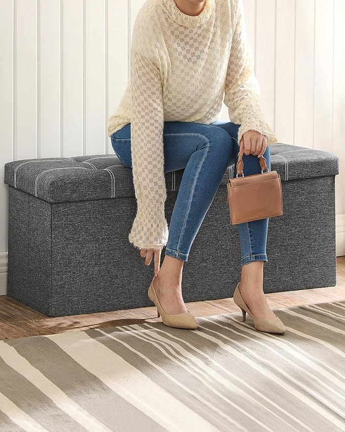 SONGMICS Mazie Collection - 43 Inches Ottoman Storage Bench, 35 Gal. Folding Chest with Breathable Linen-Look Fabric, Load up to 660 lb, for Entryway, Living Room, Bedroom, Dark Gray ULSF077G04-Ruum Studio Home