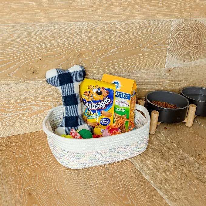 NaturalCozy 5-Piece Rectangle Storage Basket Set- Natural Cotton Rope Woven Baskets for Organizing! Small Basket for Montessori, Baby Nursery, Dog Toy Baskets, Cat Toy Box, Bathroom Organization Bin-Ruum Studio Home