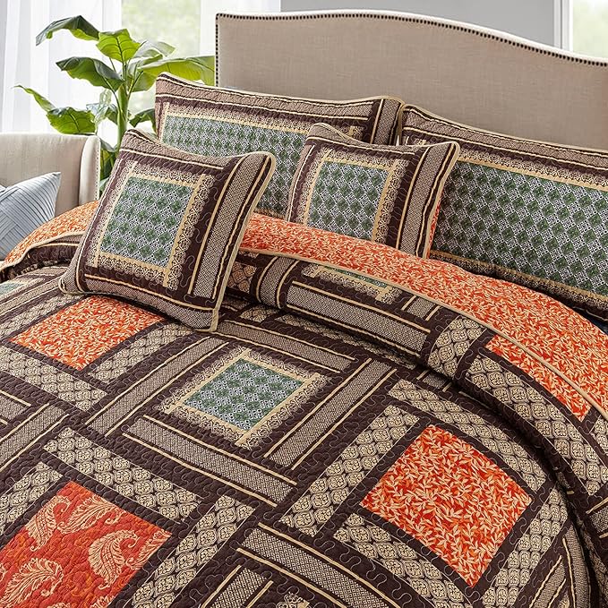 NEWLAKE Cotton Patchwork Bedspread, 3-Piece Bedding Quilt Set with Real Stitched Embroidery, Reversible Matelasse Bed Coverlet Set,Bohemian Farmhouse,King Size-Ruum Studio Home
