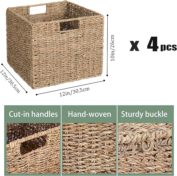 12x12x10in Seagrass Storage Baskets Set of 4, Large Wicker Storage Basket, Decorative Seagrass Shelf Basket, Pantry Baskets Organization,Folding Storage Cube Bins-Ruum Studio Home