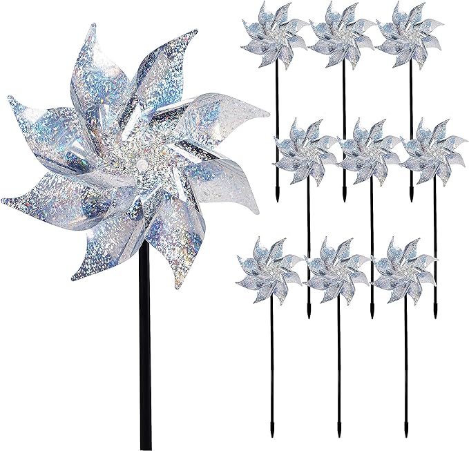 Hausse 10 Pack Reflective Pinwheels with Stakes (Assembly Required), Extra Sparkly Pin Wheel for Garden Decor, Bird Repellent Devices Deterrent to Scare Birds Away from Yard Patio Farm-Ruum Studio Home