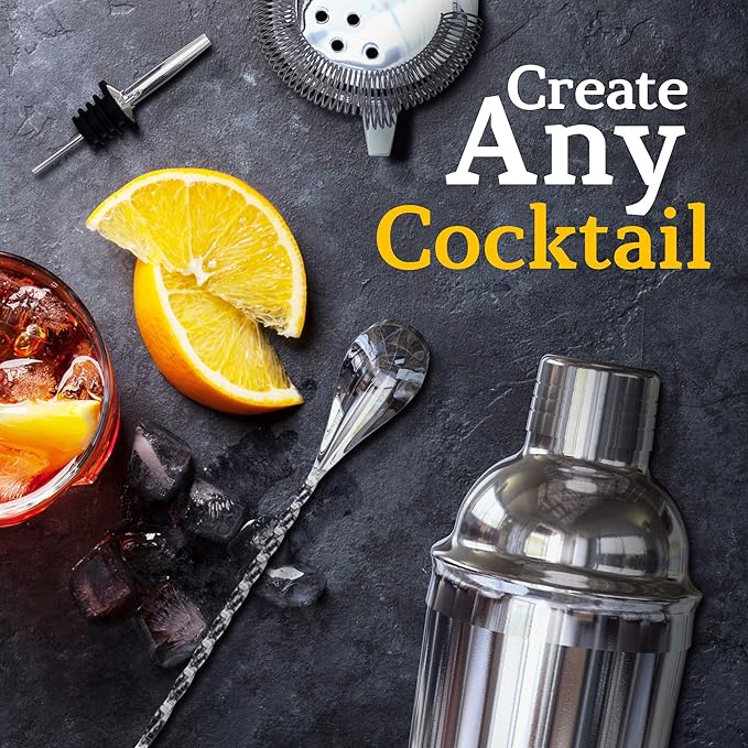 Highball & Chaser 13-Piece Cobbler Cocktail Shaker Set Stainless Steel Mixology Bartender Kit With Stand For Home Bar Cocktail Set | Laser Engraved Cocktail Tools | Plus Ebook with 30 Cocktail Recipes-Ruum Studio Home
