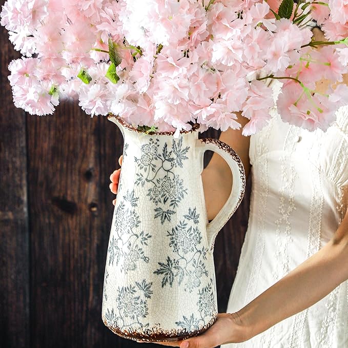 Enra Blue and White vase with Handle,12.2 inch Ceramic Vintage Decorative Flower Pitcher vase, Chinoiserie Floral Vase,Large Rustic Vases for Home Decors, Living Room, Bookshelf, Office-Ruum Studio Home