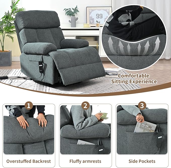 Power Lift Chair Recliners for Elderly, Overstuffed Electric Lift Recliner Chair with Widened Footrest Side Packets for Living Room Bedroom-Ruum Studio Home