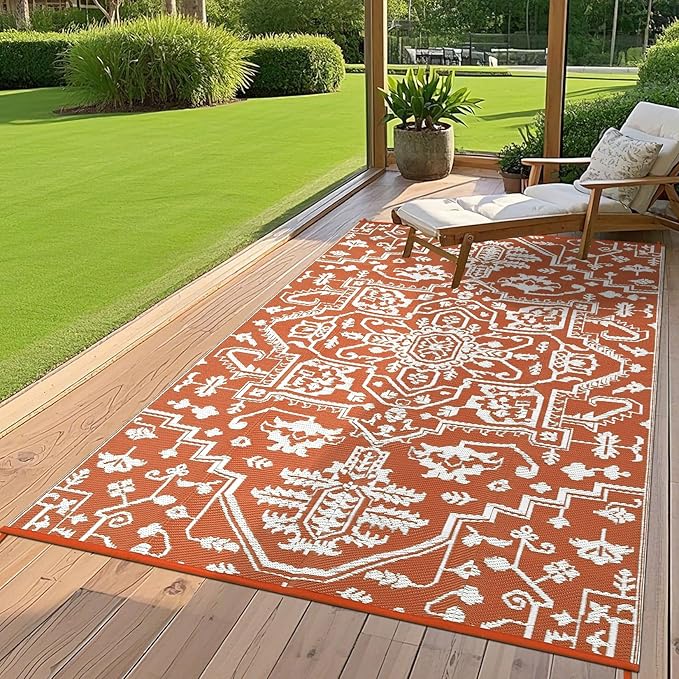 Outdoor Rug 9x12 Waterproof Reversible Plastic Straw Patio Rug, Stain-Resistant Vintage Medallion Carpet, Large Easy-Cleaning Indoor Outdoor RV Mat for Deck, Camping, Balcony, Terracotta Brick/White-Ruum Studio Home