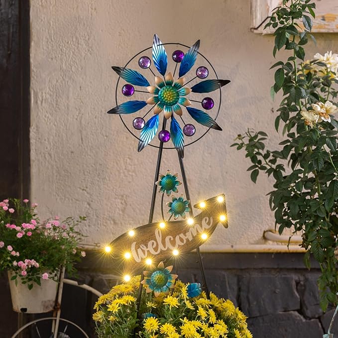 TERESA'S COLLECTIONS Peacock Garden Solar Stake, Wind Spinner Yard Art Sign for Outdoor Decor, Metal Purple Floral Windmill Decorative Garden Stake for Lawn Ornaments, Gifts for Mom, 37''-Ruum Studio Home