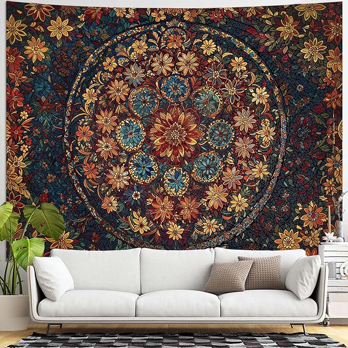 Fowocu Boho Floral Mandala Tapestry Wall Hanging Vintage Bohemian Flower Medallion Tapestry Aesthetic Orange Stained Glass Hippie Extra Large Tapestries for Bedroom Living Room Dorm Decor 90 x 68 Inch-Ruum Studio Home
