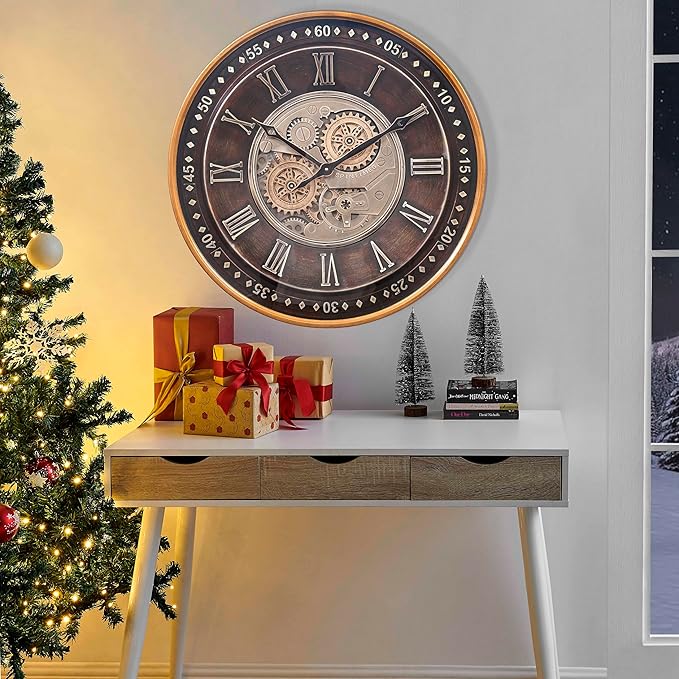 CLXEAST 24 Inch Wall Clock with Moving Gears,Oversized Large Industrial Steampunk Clock, Antique Gold Metal Roman Numeral Wall Clocks for Farmhouse Living Room Decor-Ruum Studio Home
