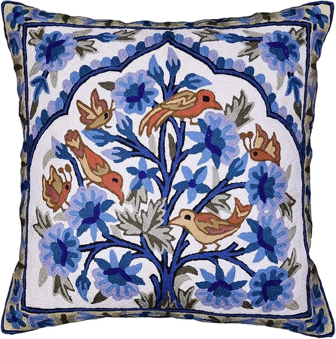 Blue Tree of Life Pillow Cover Blues Birds Floral Decorative Pillowcase Flower Outdoor Suzani Cushion Needlepoint Hand Embroidered Wool Size - 18x18-Ruum Studio Home