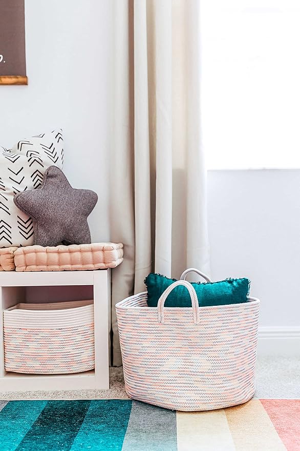 OrganiHaus Toy Storage Basket for Kids, Large Cotton Rope Organizer Bin for Nursery, Toy Box, Blanket Holder, Baby Hamper for Living Room, Soft & Washable, 20x13 inches - Rainbow-Ruum Studio Home