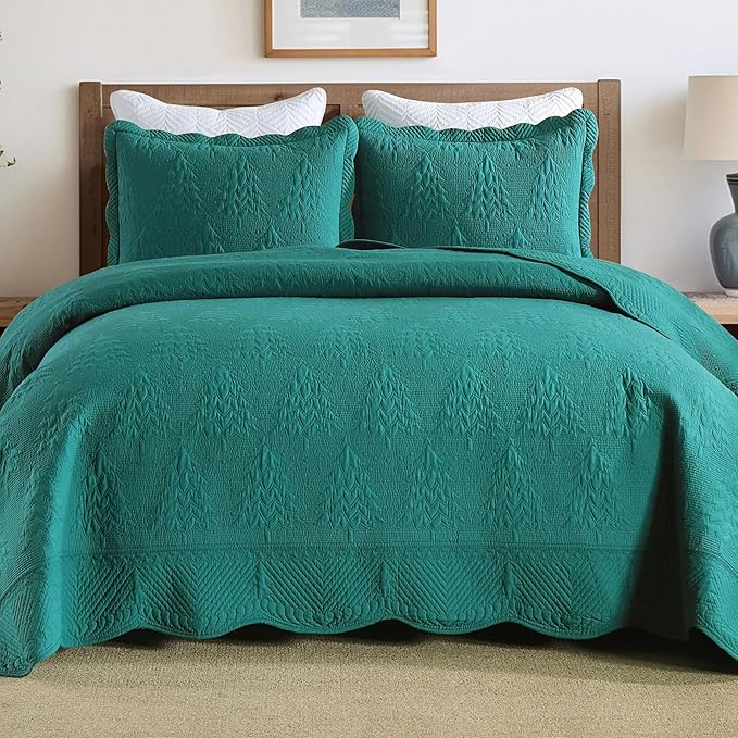 MarCielo 3-Piece Christmas Quilt 100% Cotton Oversized Bedspread Lightweight Coverlet Embroidery Christmas Tree Pattern Bedding Set(TC Emerald, Oversized King (118"x106"))-Ruum Studio Home