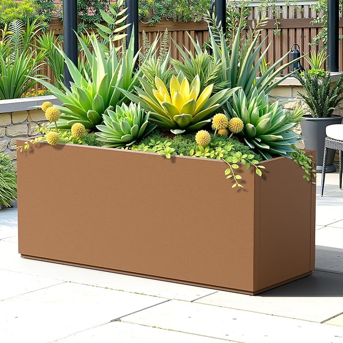 FENCY Large Metal Planter, Large Rectangular Planters for Outdoor Plants, Tall Outdoor Planters for Porch Patio, 38" L x 15" W x 16.3" H Brown Metal Planter with Drainage Hole-Ruum Studio Home