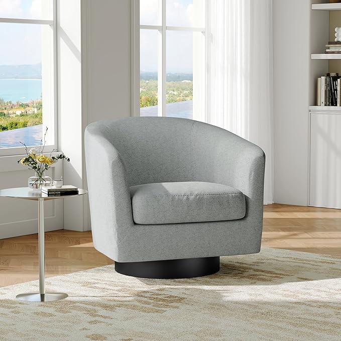Swivel Barrel Accent Chair, Modern Round Chenille Fabric Arm Chair for Living Room, Bedroom, Comfy Club Reading Chairs for Adults（Chenille Fabric, Light Grey, Set of 1-Ruum Studio Home
