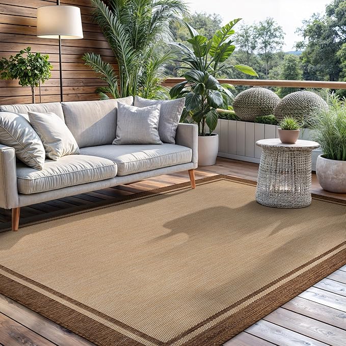 CAMILSON Outdoor Rug 5x7 Bordered Natural Brown Modern Area Rugs for Indoor and Outdoor Patios, Kitchen and Hallway Mats, Washable Porch Deck Outside Carpet (Border Jute, 5 x 7)-Ruum Studio Home