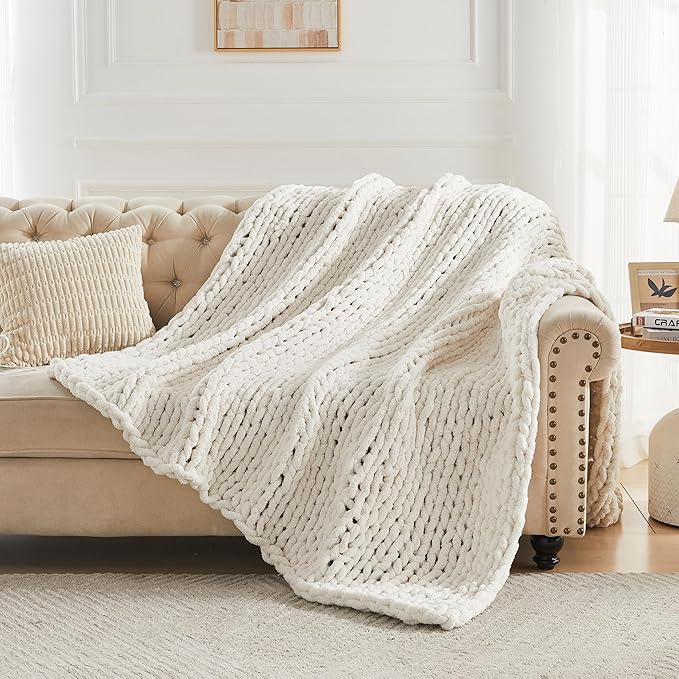 Carriediosa Chunky Knit Throw Blanket 60" X 80" Twin, 100% Hand Made Large Chenille Loop Yarn Soft Fluffy Throws for Couch Sofa Bed, Big Crochet Cozy Heavy Thick Cable Woven Blankets, Cream White-Ruum Studio Home