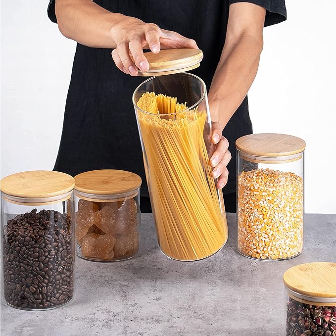 YUNCANG Glass Storage Jars [Set of 5],Clear Glass Food Storage Containers with Airtight Bamboo Lid Stackable Kitchen Canisters for Candy,Cookie,Rice,Sugar,Flour,Pasta,Nuts and Spice Jars-Ruum Studio Home