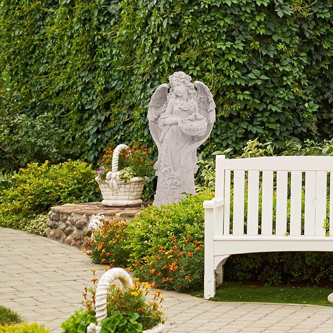 Outdoor Statues Angel Décor Garden Statue,23.5" H Angel Statue, Resin Angel with Bird Figurine,Gifts for Women and Men,Outdoor Garden Decor Ornaments for Outside (White)-Ruum Studio Home