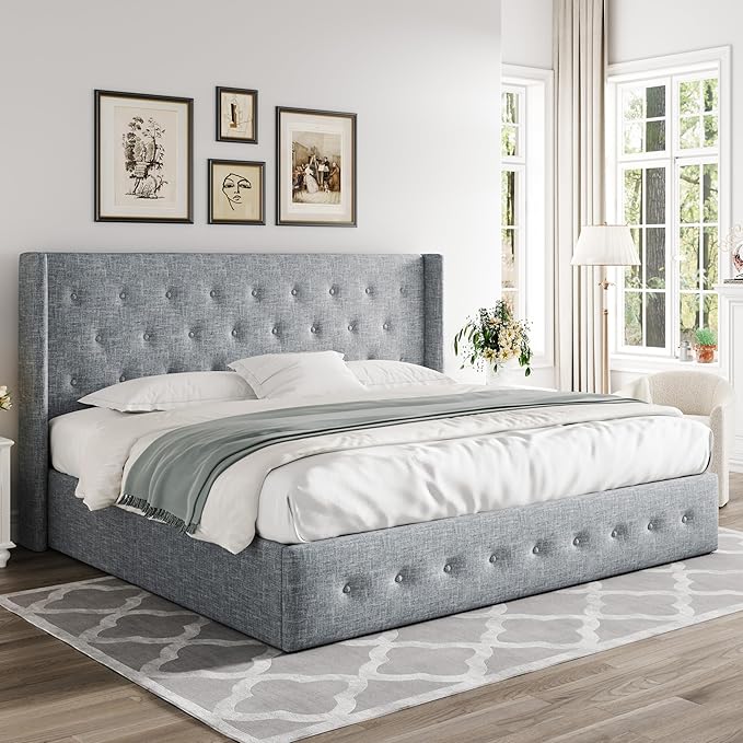Allewie King Size Lift Up Storage Bed, Button Tufted Headboard with Wingback, Hydraulic Support, No Box Spring Needed, Grey Blue-Ruum Studio Home