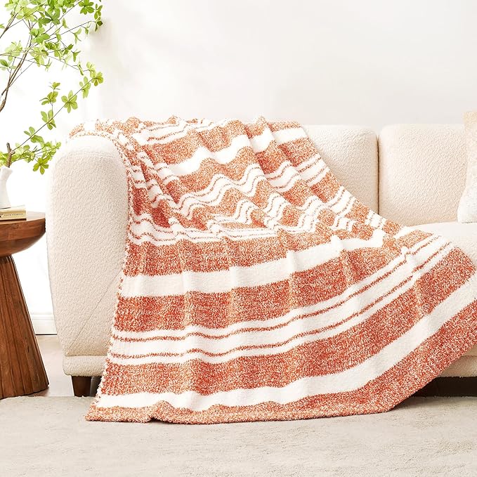 Snuggle Sac Orange Fall Throw Blanket for Couch, Reversible Super Soft Blankets Warm Cozy Knit Fuzzy Plush Blankets for Sofa,Living Room, Stripe Orange,50x60 inches-Ruum Studio Home