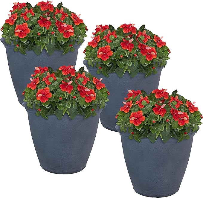 Sunnydaze 20-Inch Anjelica Large Plastic Pot for Plants - Outdoor Polyresin Round Planter with Drillable Drainage Holes - Slate - 4pk-Ruum Studio Home