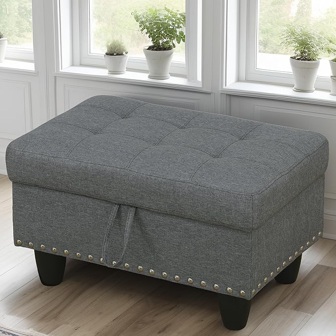 Ottoman Rectangular Storage Ottoman Bench, Flannel Footrest Stool Footstool with Lid for Living Room, Bedroom, Entryway, Light Gray, 28.5"x19"x17.5"-Ruum Studio Home
