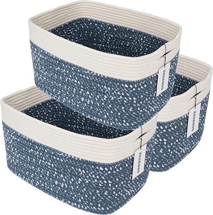 White and Blue Cotton Rope storage Basket Bins Woven Basket for Organizing Shelves 14.5X9.5X9.3“ Rectangle Decorative Baskets For storage Books Towels Wicker Nursery basket organizer Set of 3-Ruum Studio Home