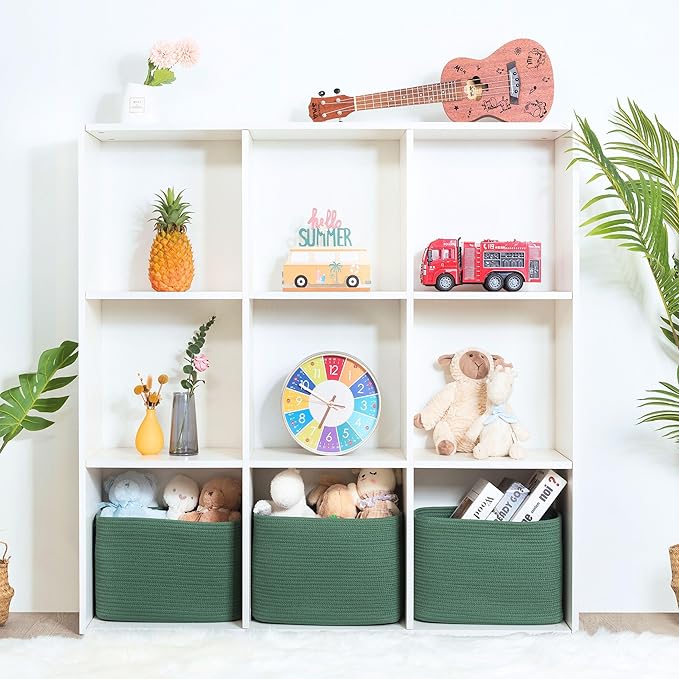 MINTWOOD Design 3-Pack Decorative Woven Storage Baskets for Shelves, Cube Bin Box for Organizing Books, Shoes, Dog Toys, Pantry Closet and Living Room Organizer, Forest Green-Ruum Studio Home